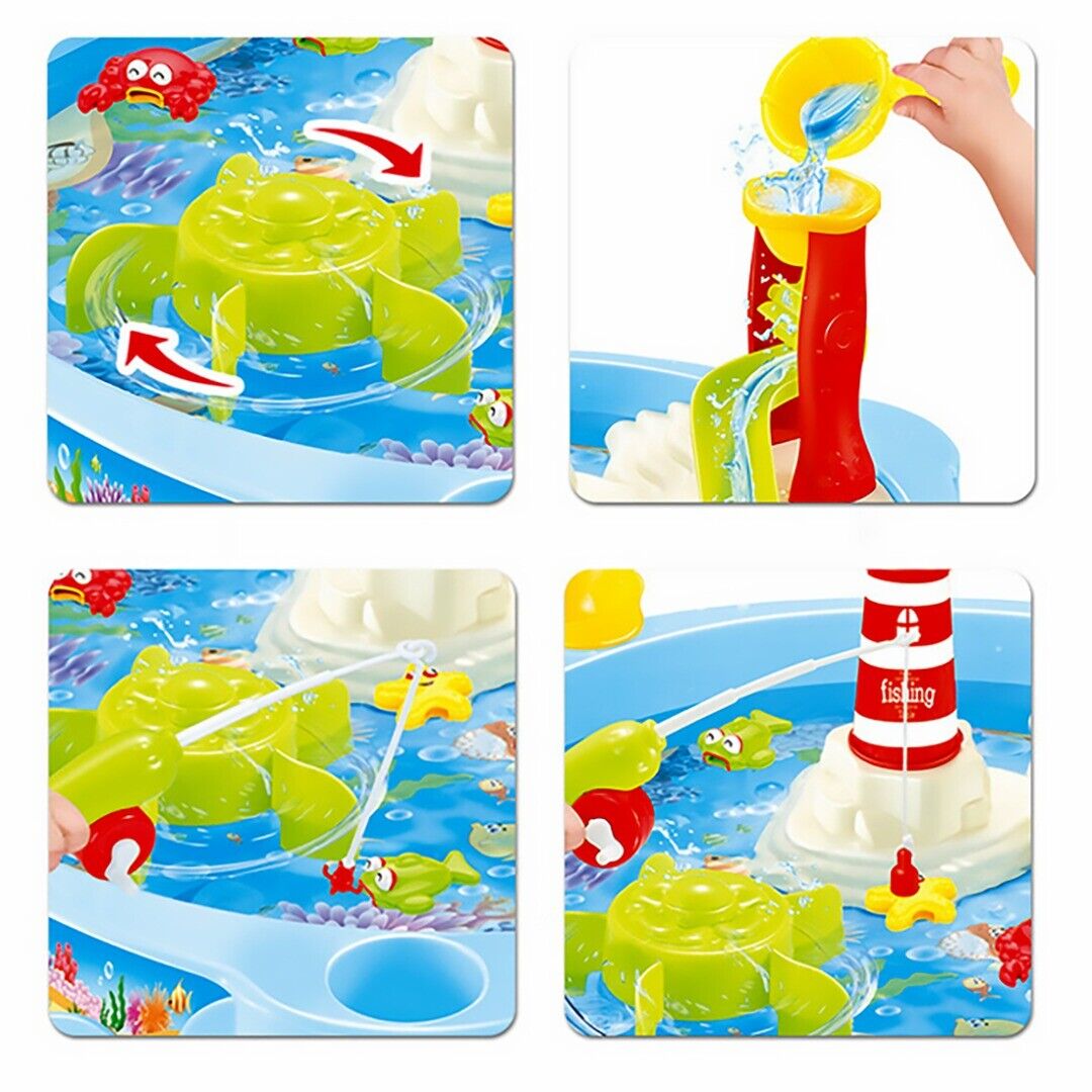 Sobebear Kids 2 In 1 24 PCs Water & Sand Table Top Fishing Game Set with Magnetic & Hook Rod, 500g Kinetic Magic Play Sand Beach Musical Lighthouse, Automatic Spinner Slide Activity Kids Ages 3+