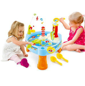 Sobebear Kids 2 In 1 24 PCs Water & Sand Table Top Fishing Game Set with Magnetic & Hook Rod, 500g Kinetic Magic Play Sand Beach Musical Lighthouse, Automatic Spinner Slide Activity Kids Ages 3+
