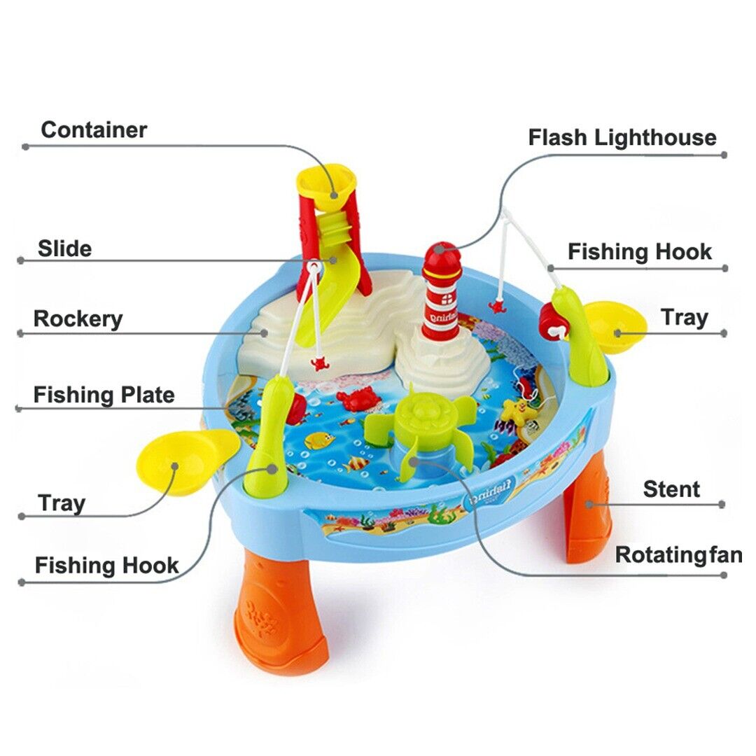 Sobebear Kids 2 In 1 24 PCs Water & Sand Table Top Fishing Game Set with Magnetic & Hook Rod, 500g Kinetic Magic Play Sand Beach Musical Lighthouse, Automatic Spinner Slide Activity Kids Ages 3+