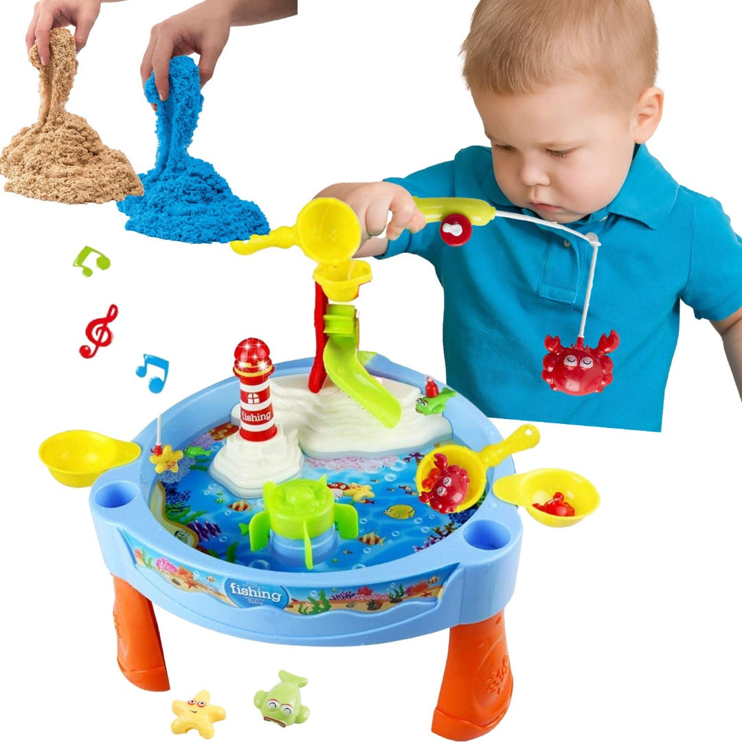 Sobebear Kids 2 In 1 24 PCs Water & Sand Table Top Fishing Game Set with Magnetic & Hook Rod, 500g Kinetic Magic Play Sand Beach Musical Lighthouse, Automatic Spinner Slide Activity Kids Ages 3+