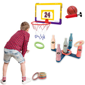 COO11 Pack of 2 Ring Toss Game & Basketball Hoop Toy Set includes Ring Shooting Carnival Game & Basketball Board Wall Mount Hoop Set with Ball & Pump Suitable for Outdoor Indoor & Party Play