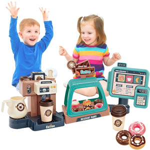 Children Play House Simulation Sound Light Water Coffee Machine(Green) Candy Ice Cream Supermarket Shopping Toy Coffee Shop I Espresso Bar With Water Flow Function And Touch Display I Incl Accessories And Toy Food I Toys For Children Aged 3 And Over