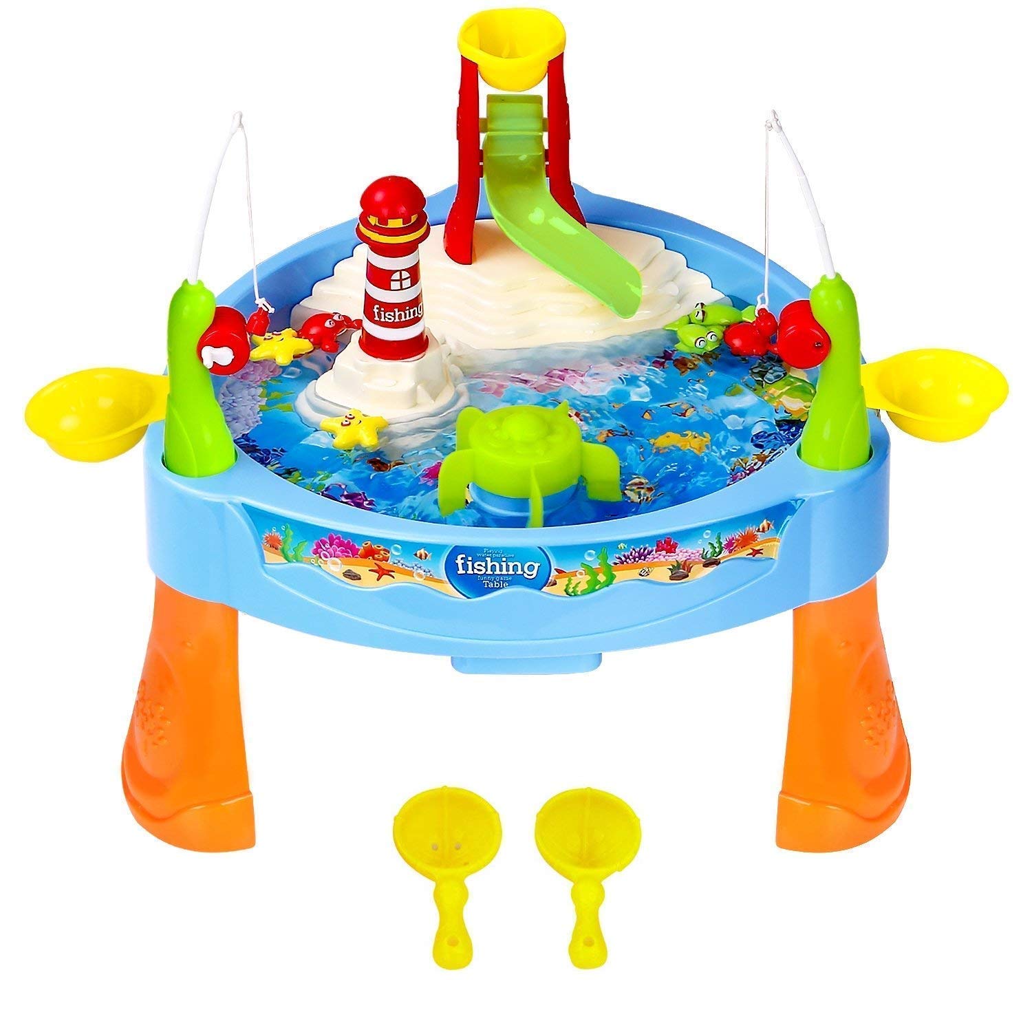 Sobebear Kids 2 In 1 24 PCs Water & Sand Table Top Fishing Game Set with Magnetic & Hook Rod, 500g Kinetic Magic Play Sand Beach Musical Lighthouse, Automatic Spinner Slide Activity Kids Ages 3+