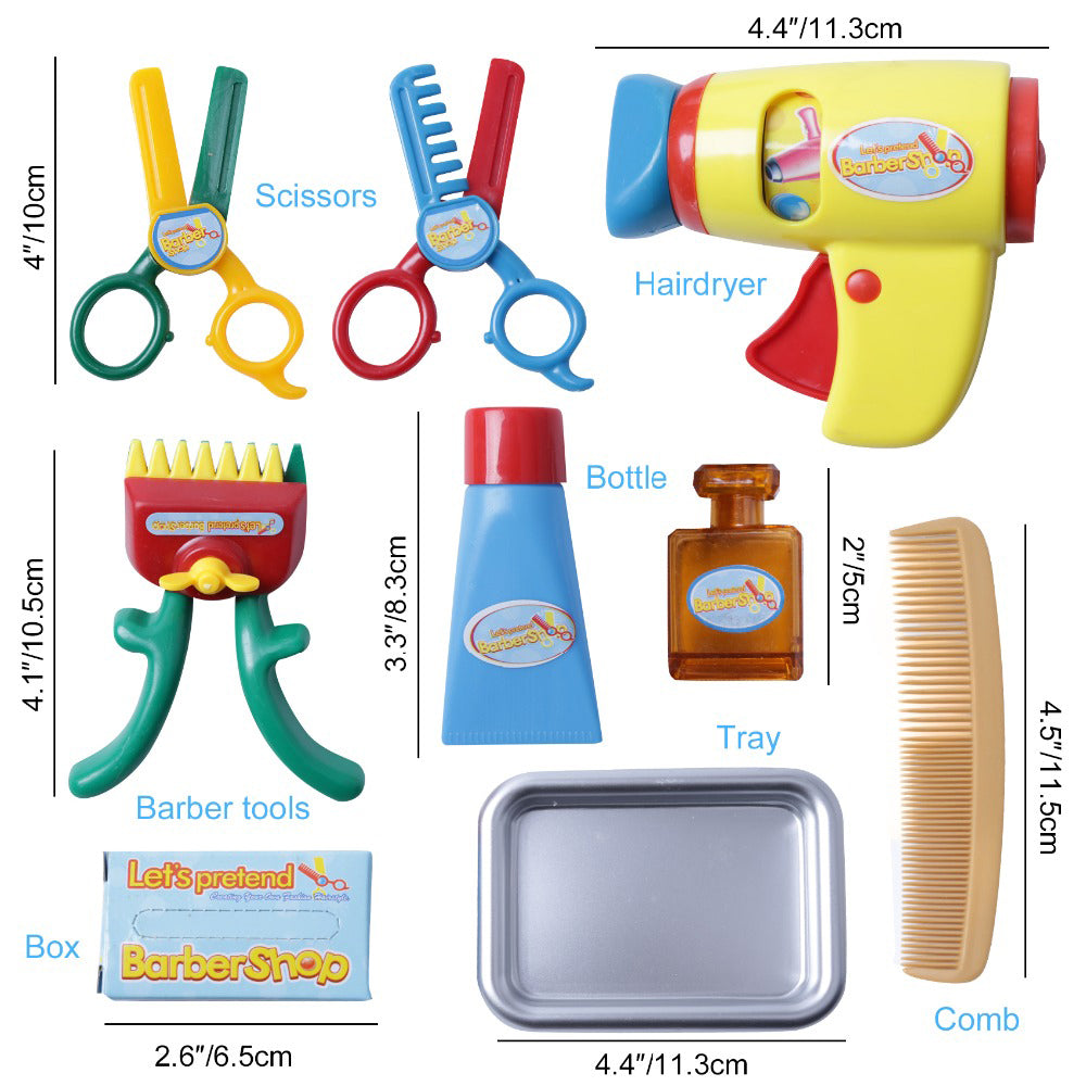 Kids Barber Shop Toy Set Barber Shop Salon Hairstyle Set Kit with Clipper Beauty Pretend Stylist Hair Cutting Hairdresser Toys Dryer, Scissors, Apron Gifts for Boy Kids Girls Ages 3 Years Up (Set of 2)