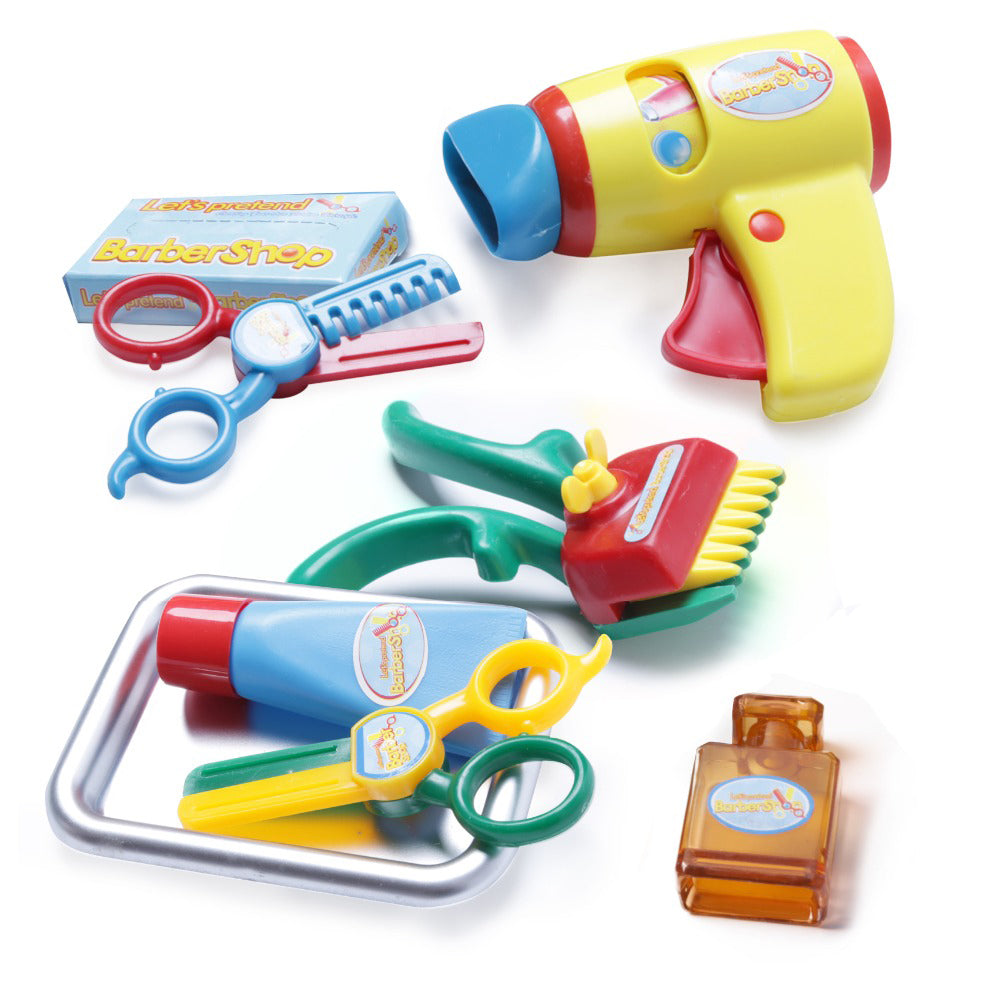 Kids Barber Shop Toy Set Barber Shop Salon Hairstyle Set Kit with Clipper Beauty Pretend Stylist Hair Cutting Hairdresser Toys Dryer, Scissors, Apron Gifts for Boy Kids Girls Ages 3 Years Up (Set of 2)