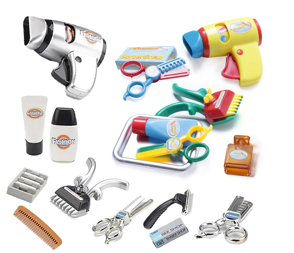 Kids Barber Shop Toy Set Barber Shop Salon Hairstyle Set Kit with Clipper Beauty Pretend Stylist Hair Cutting Hairdresser Toys Dryer, Scissors, Apron Gifts for Boy Kids Girls Ages 3 Years Up (Set of 2)