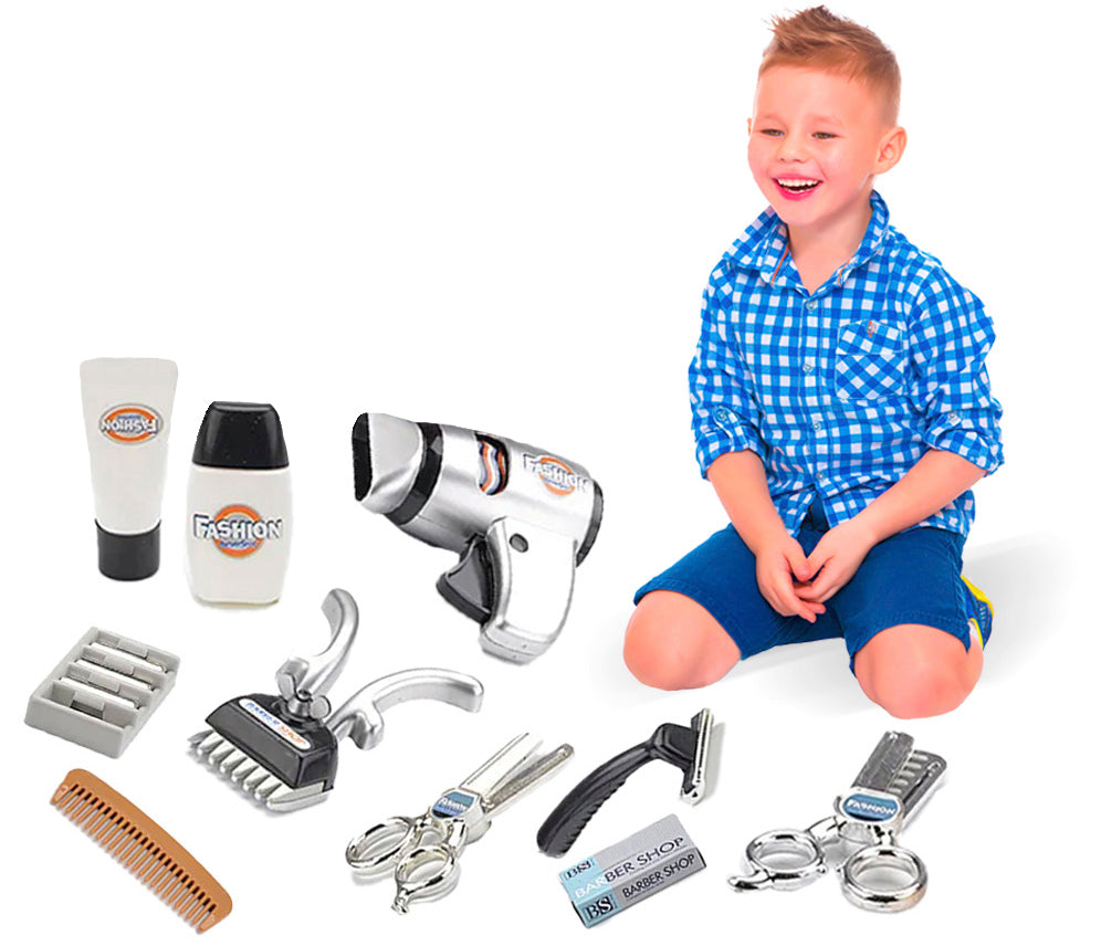 Kids Barber Shop Toy Set Barber Shop Salon Hairstyle Set Kit with Clipper Beauty Pretend Stylist Hair Cutting Hairdresser Toys Dryer, Scissors, Apron Gifts for Boy Kids Girls Ages 3 Years Up (Set of 2)