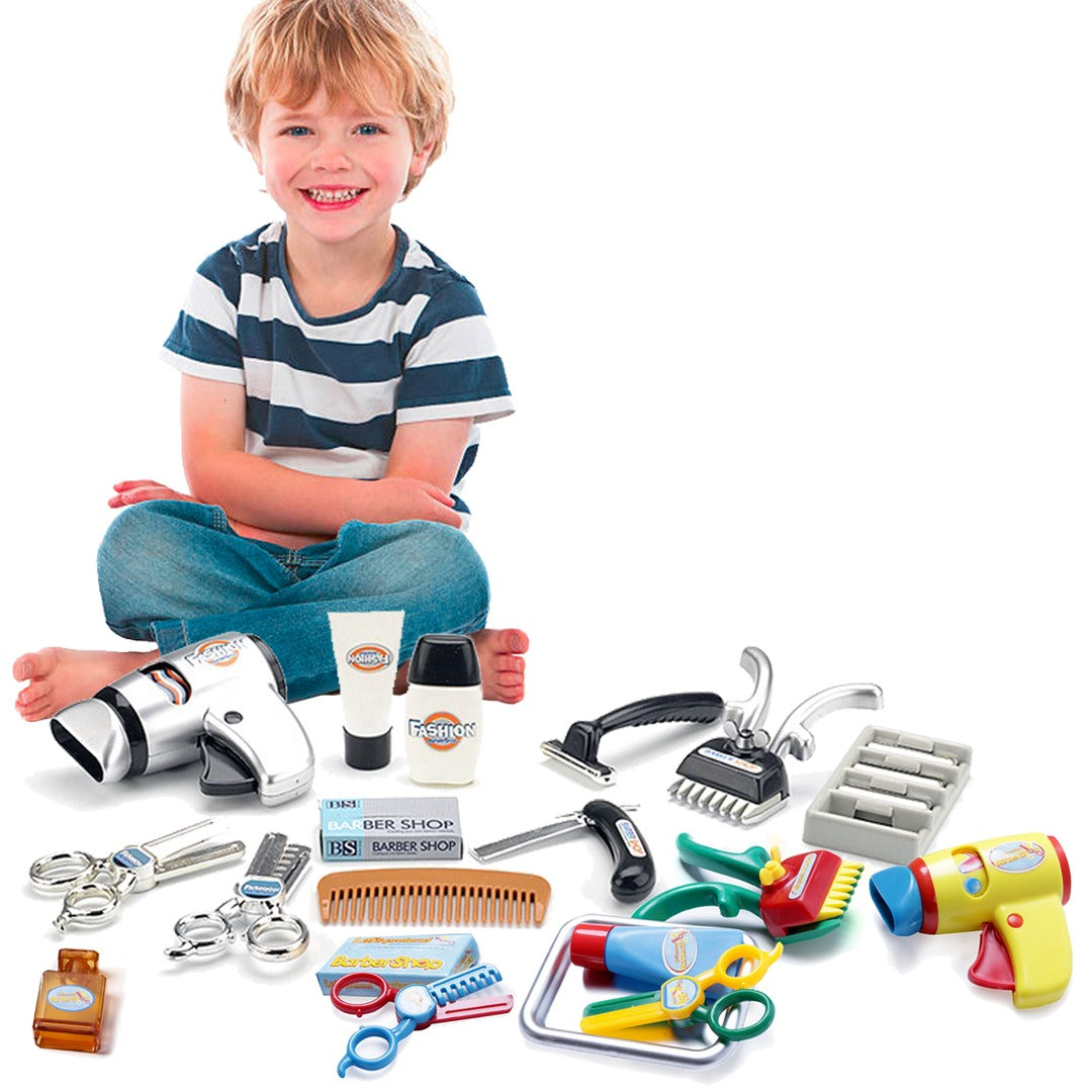 Kids Barber Shop Toy Set Barber Shop Salon Hairstyle Set Kit with Clipper Beauty Pretend Stylist Hair Cutting Hairdresser Toys Dryer, Scissors, Apron Gifts for Boy Kids Girls Ages 3 Years Up (Set of 2)
