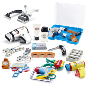 Kids Barber Shop Toy Set Barber Shop Salon Hairstyle Set Kit with Clipper Beauty Pretend Stylist Hair Cutting Hairdresser Toys Dryer, Scissors, Apron Gifts for Boy Kids Girls Ages 3 Years Up (Set of 2)