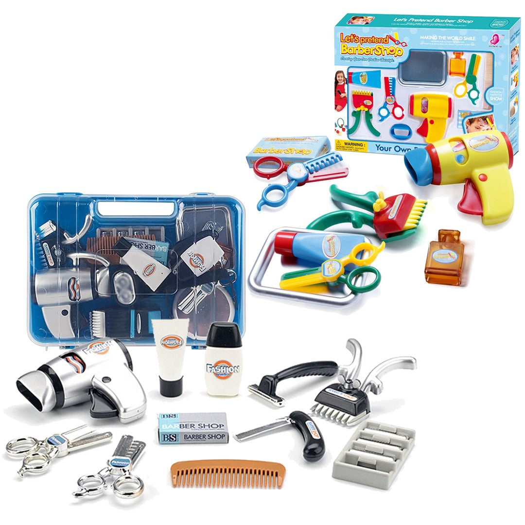 Kids Barber Shop Toy Set Barber Shop Salon Hairstyle Set Kit with Clipper Beauty Pretend Stylist Hair Cutting Hairdresser Toys Dryer, Scissors, Apron Gifts for Boy Kids Girls Ages 3 Years Up (Set of 2)