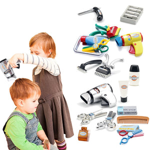 Kids Barber Shop Toy Set Barber Shop Salon Hairstyle Set Kit with Clipper Beauty Pretend Stylist Hair Cutting Hairdresser Toys Dryer, Scissors, Apron Gifts for Boy Kids Girls Ages 3 Years Up (Set of 2)
