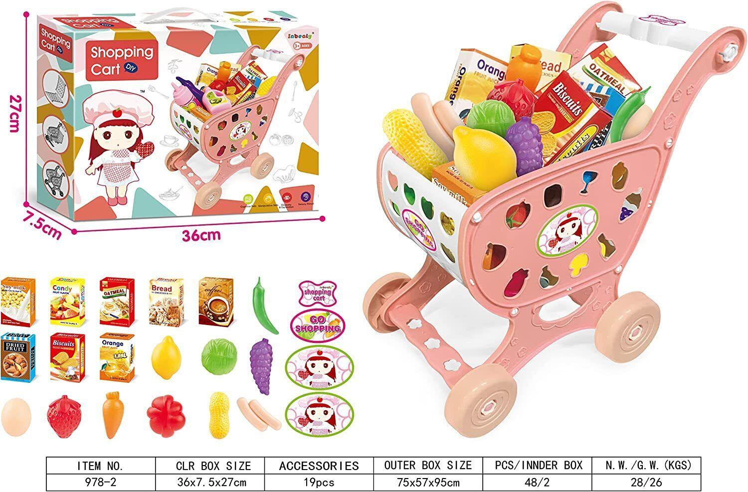 COO11 Kids Shopping Cart Trolley Toy Supermarket Playset with Fruit & Vegetables and Kids 69pcs Pretended Kitchen Playset with Light