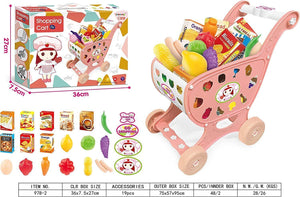 COO11 Kids Shopping Cart Trolley Toy Supermarket Playset with Fruit & Vegetables and Kids 69pcs Pretended Kitchen Playset with Light