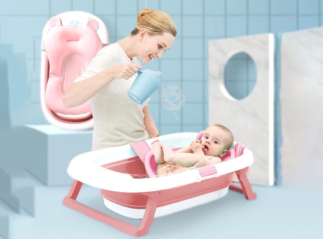 Coo11 Foldable Bath Tub with Bath Cushion pad Non-Slip Safety Belt Foldable Stand and Soft Cushion for Baby and New Born Infants Boy and Girl Anti Slip Base