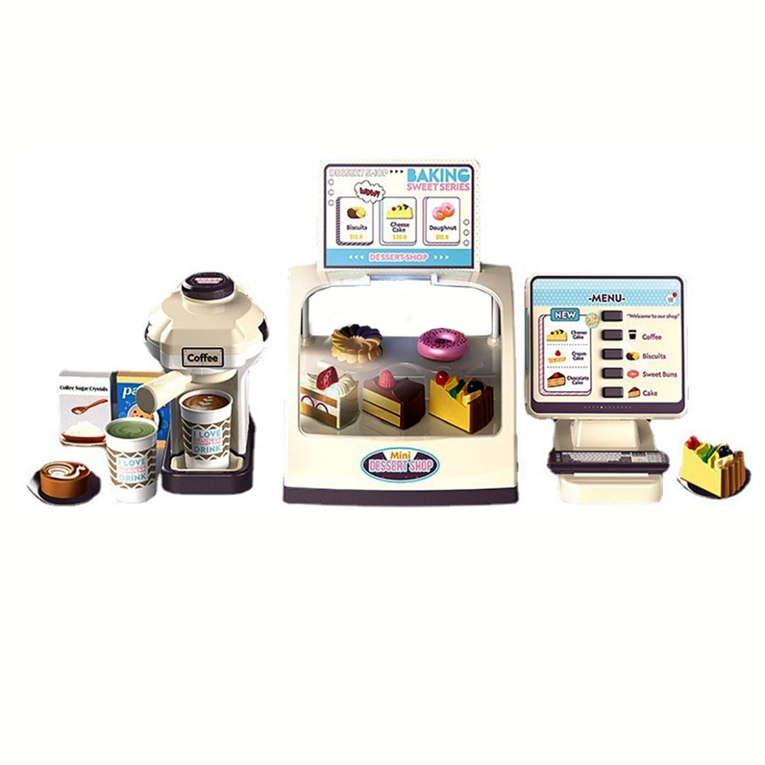 Coo11 Kids Pretend Dessert Cashier Play Toys Set with Variety of Dessert Coffee, Biscuits, Sweet Buns, Cake, Display Counter, Cups, Pastry and Coffee Machine for Boys and Girls