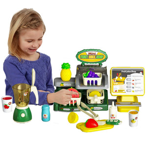 Coo11 Kids Pretend Juice Shop Play Toys 25 Pcs Set Set with Variety of Juices and Subscription Fruit Basket Cut fruits Set Juice grinding Jar, Tongs, ketchup for Boys and Girls or Toddlers