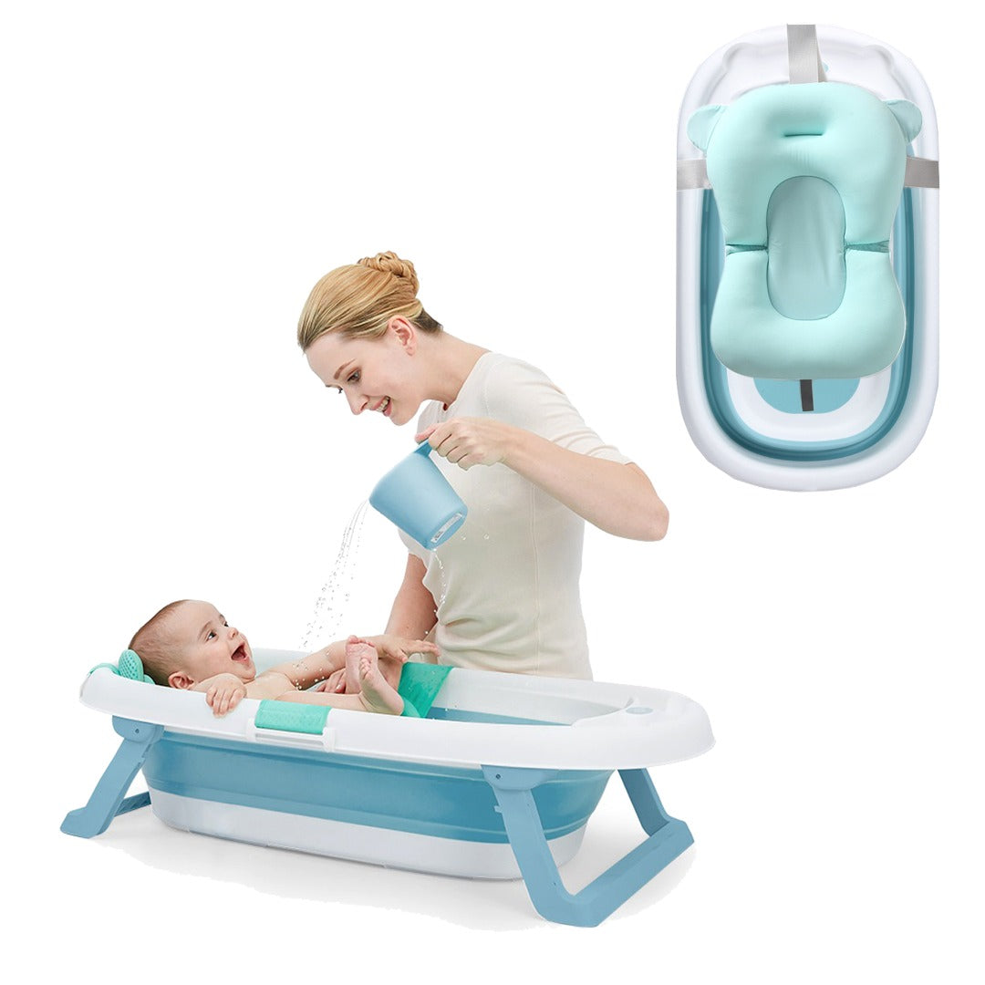 COO11 Lovely Sky Blue Foldable Bath Tub with Safety Belt Foldable Stand and Breathable Soft Light Blue Cushion for Kids and New Born Infants Boy and Girl Anti Slip Base for Toddler