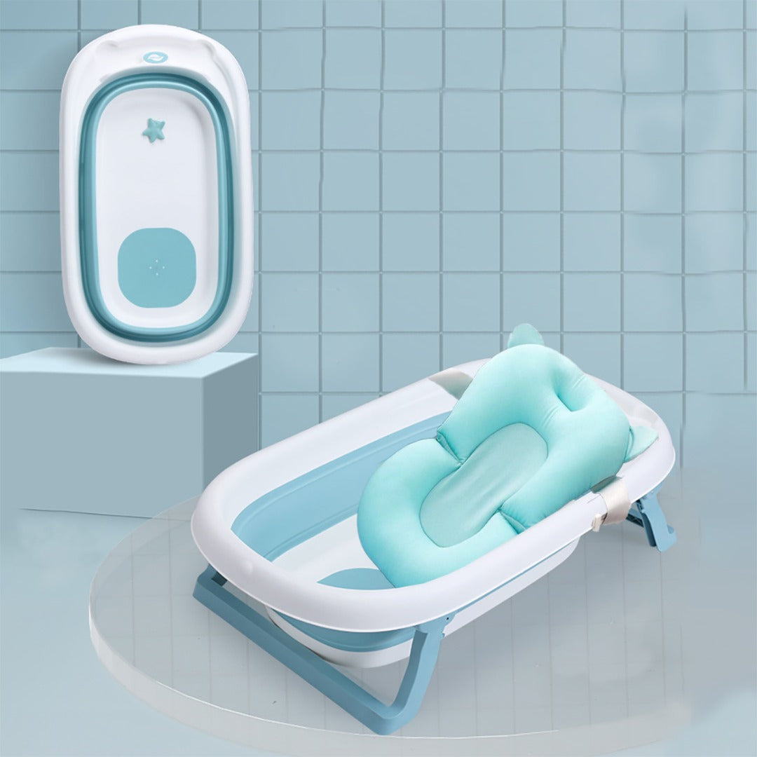 COO11 Lovely Sky Blue Foldable Bath Tub with Safety Belt Foldable Stand and Breathable Soft Light Blue Cushion for Kids and New Born Infants Boy and Girl Anti Slip Base for Toddler
