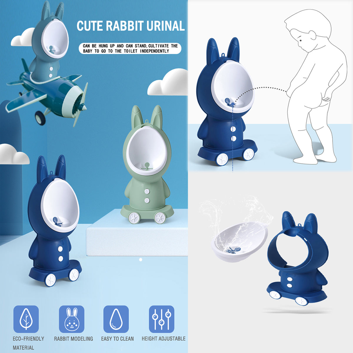Coo11 Boys Wall-Mounted Rabbit Design Urinal Pot, Toddler Toilet Training Pee Stand, Adjustable Height, Easy to Clean, Lightweight, Convenient for 6 Months to 5 Years kids, Easy to Use
