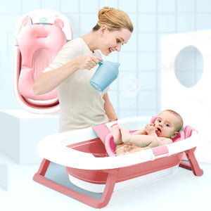 Coo11 Foldable Bath Tub with Bath Cushion pad Non-Slip Safety Belt Foldable Stand and Soft Cushion for Baby and New Born Infants Boy and Girl Anti Slip Base