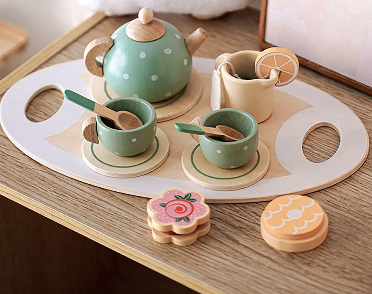 Coo11 Kids Multicoloured Pretend Play Wooden Afternoon Tea Set, Includes 1 Teapot, 2 Cup & Saucers, 1 Mug, 2 Spoons,1 Tray and Food Pots for Kids 3 Years and up