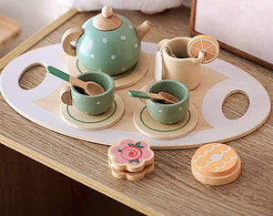 Coo11 Kids Multicoloured Pretend Play Wooden Afternoon Tea Set, Includes 1 Teapot, 2 Cup & Saucers, 1 Mug, 2 Spoons,1 Tray and Food Pots for Kids 3 Years and up