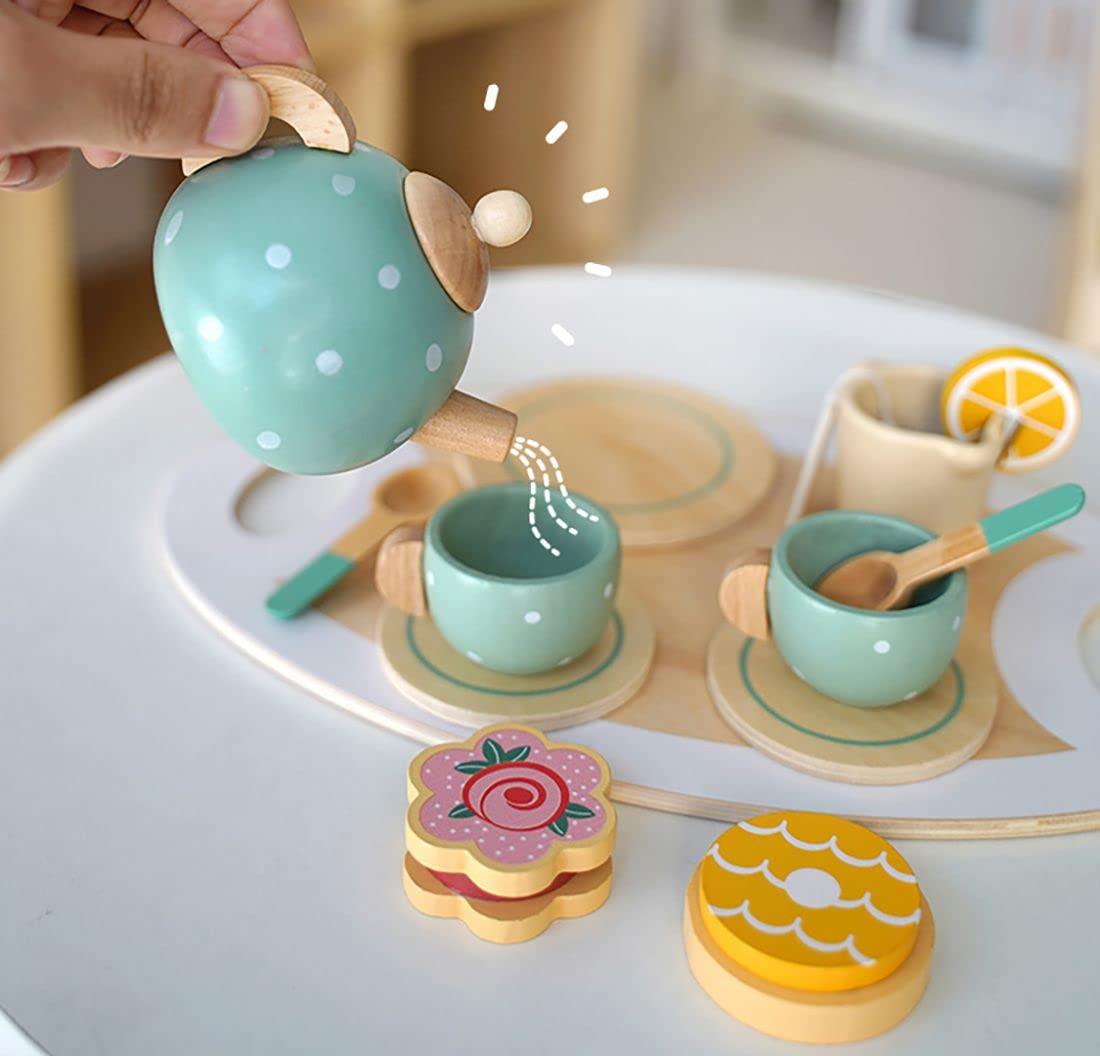 Coo11 Kids Multicoloured Pretend Play Wooden Afternoon Tea Set, Includes 1 Teapot, 2 Cup & Saucers, 1 Mug, 2 Spoons,1 Tray and Food Pots for Kids 3 Years and up