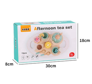 Coo11 Kids Multicoloured Pretend Play Wooden Afternoon Tea Set, Includes 1 Teapot, 2 Cup & Saucers, 1 Mug, 2 Spoons,1 Tray and Food Pots for Kids 3 Years and up