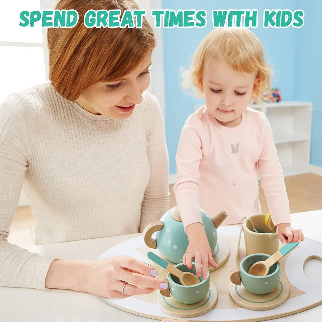 15pcs Wooden Tea Set for Little Girls, MONT PLEASANT Wooden Toys, Toddler Tea Set Play Kitchen Accessories Play Food playset for Kids Tea Party