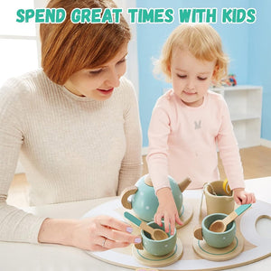 15pcs Wooden Tea Set for Little Girls, MONT PLEASANT Wooden Toys, Toddler Tea Set Play Kitchen Accessories Play Food playset for Kids Tea Party