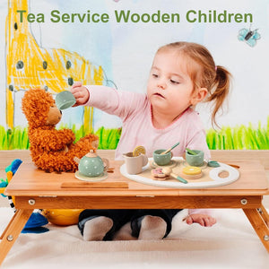 15pcs Wooden Tea Set for Little Girls, MONT PLEASANT Wooden Toys, Toddler Tea Set Play Kitchen Accessories Play Food playset for Kids Tea Party