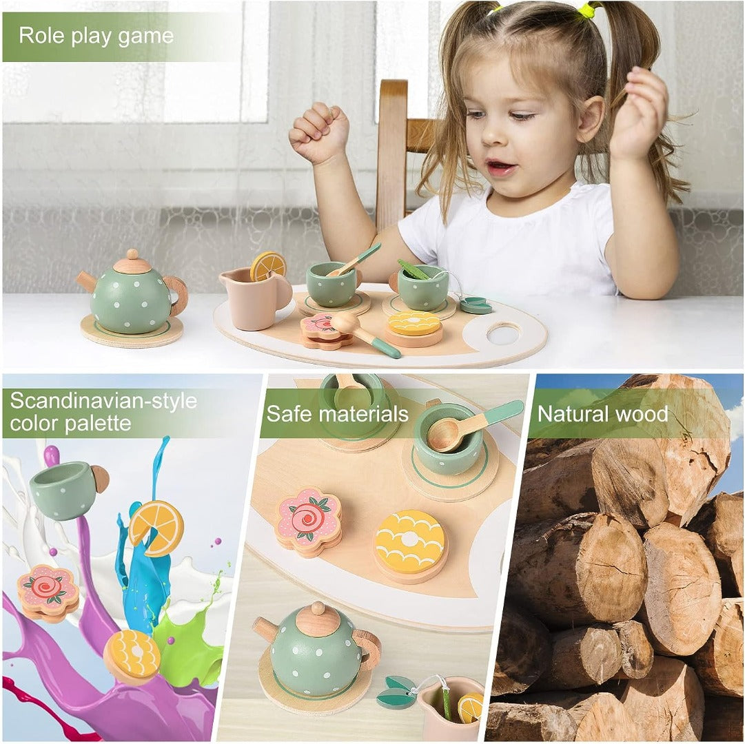 15pcs Wooden Tea Set for Little Girls, MONT PLEASANT Wooden Toys, Toddler Tea Set Play Kitchen Accessories Play Food playset for Kids Tea Party