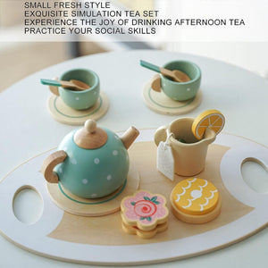 15pcs Wooden Tea Set for Little Girls, MONT PLEASANT Wooden Toys, Toddler Tea Set Play Kitchen Accessories Play Food playset for Kids Tea Party