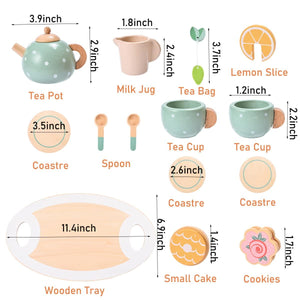 15pcs Wooden Tea Set for Little Girls, MONT PLEASANT Wooden Toys, Toddler Tea Set Play Kitchen Accessories Play Food playset for Kids Tea Party