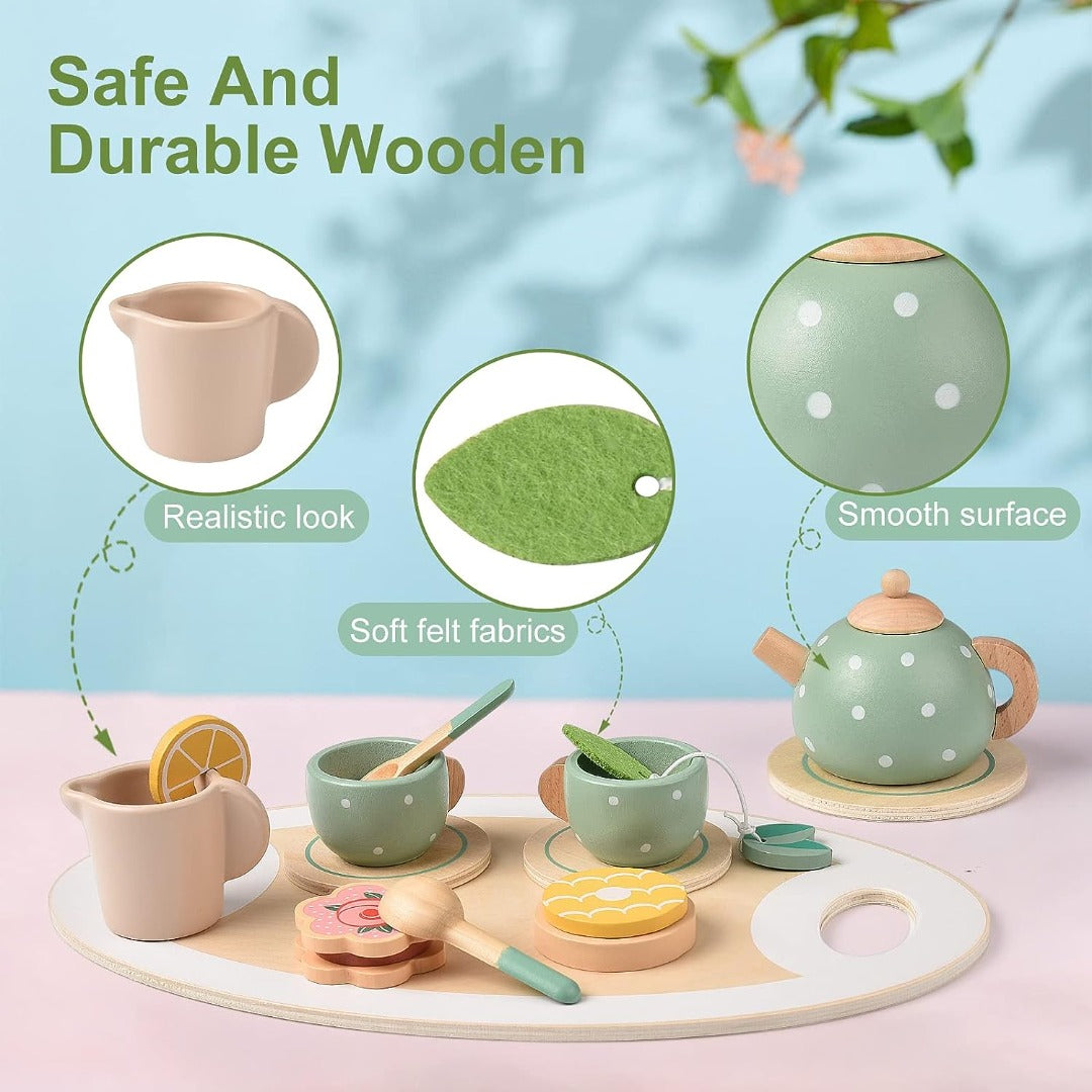 15pcs Wooden Tea Set for Little Girls, MONT PLEASANT Wooden Toys, Toddler Tea Set Play Kitchen Accessories Play Food playset for Kids Tea Party