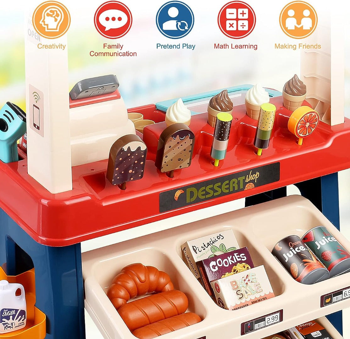 Sobebear Kids Shopping Store Playset with Cashier, Grocery Store Pretend Play Kit with Light & Sound with Checkout Scanner & Card Reader, Cash Register Play Food Game Credit Card Machine for Kids