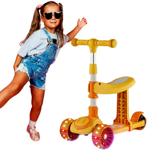 Coo11 2 In 1 Sitting, Standing Adjustable Height 3 Wheel Kick Scooter with Light Patterns and Handler Break Removable Seat Mini Scooter for Children Gift for Boy Girls Yellow