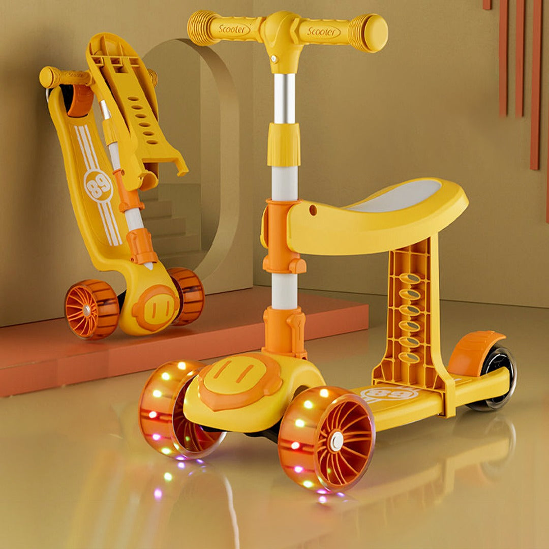 Coo11 2 In 1 Sitting, Standing Adjustable Height 3 Wheel Kick Scooter with Light Patterns and Handler Break Removable Seat Mini Scooter for Children Gift for Boy Girls Yellow