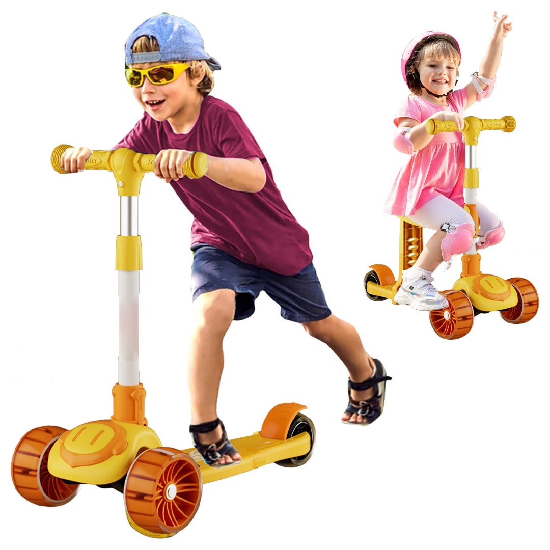 Coo11 2 In 1 Sitting, Standing Adjustable Height 3 Wheel Kick Scooter with Light Patterns and Handler Break Removable Seat Mini Scooter for Children Gift for Boy Girls Yellow