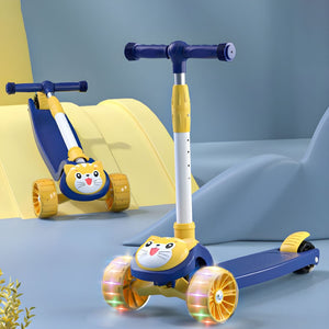 Kids Foldable 3 Wheel Scooter, Adjustable Height with LED Flashing Wheels, Removable Seat, Soft Handlebar Grips Ride-On Scooters for Boys & Girls Age 3+ Years Blue