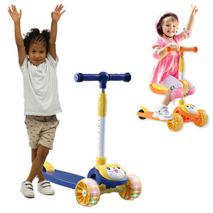 Kids Foldable 3 Wheel Scooter, Adjustable Height with LED Flashing Wheels, Removable Seat, Soft Handlebar Grips Ride-On Scooters for Boys & Girls Age 3+ Years Blue