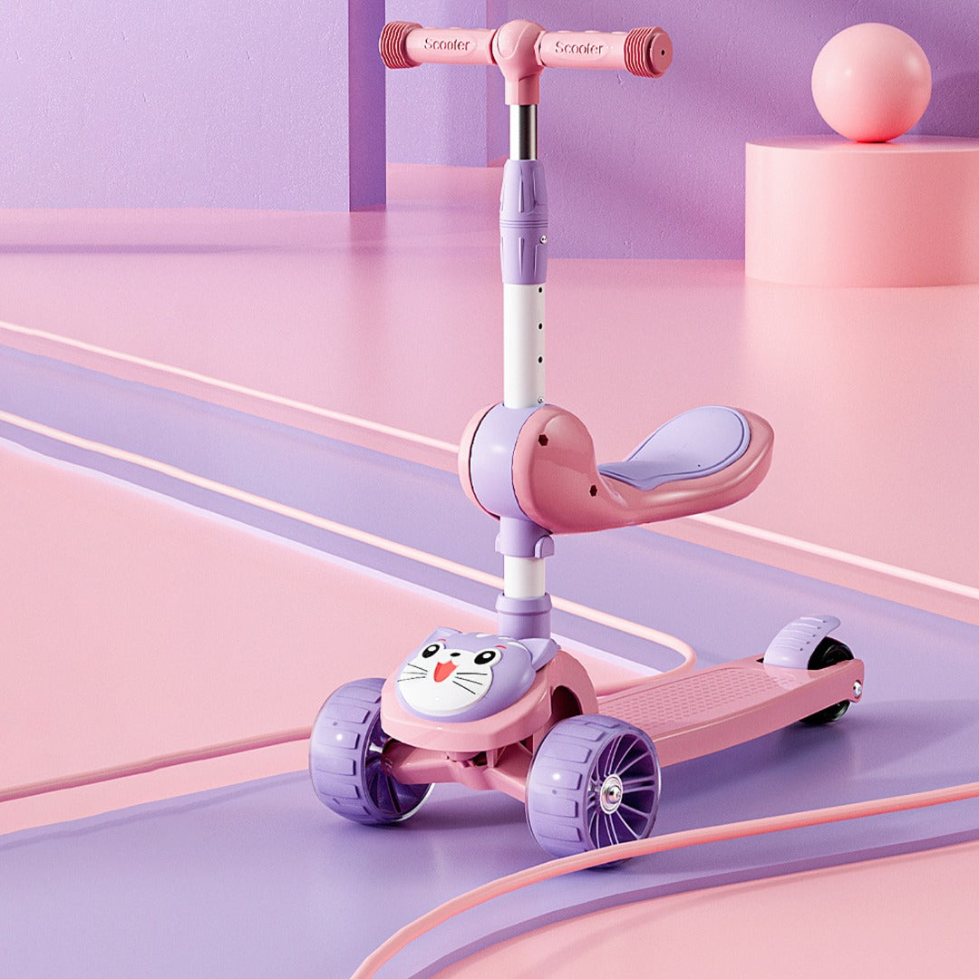 Coo11 Kids Foldable 3 Wheel Scooter, Adjustable Height with LED Flashing Wheels, Removable Seat, Soft Handlebar Grips Ride-On Scooters for Boys & Girls Age 3+ Years Pink