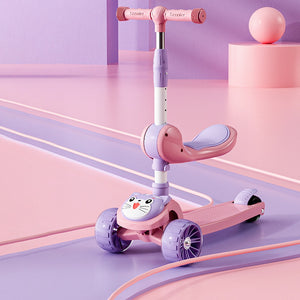 Coo11 Kids Foldable 3 Wheel Scooter, Adjustable Height with LED Flashing Wheels, Removable Seat, Soft Handlebar Grips Ride-On Scooters for Boys & Girls Age 3+ Years Pink