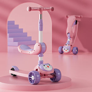 Coo11 Kids Foldable 3 Wheel Scooter, Adjustable Height with LED Flashing Wheels, Removable Seat, Soft Handlebar Grips Ride-On Scooters for Boys & Girls Age 3+ Years Pink