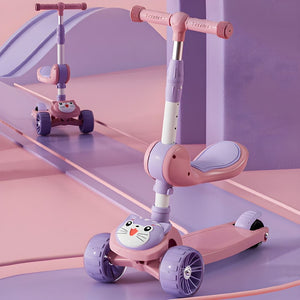 Coo11 Kids Foldable 3 Wheel Scooter, Adjustable Height with LED Flashing Wheels, Removable Seat, Soft Handlebar Grips Ride-On Scooters for Boys & Girls Age 3+ Years Pink