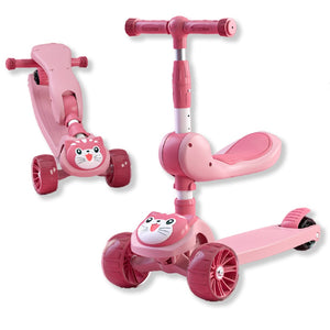 Coo11 Kids Foldable 3 Wheel Scooter, Adjustable Height with LED Flashing Wheels, Removable Seat, Soft Handlebar Grips Ride-On Scooters for Boys & Girls Age 3+ Years Pink