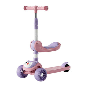 Coo11 Kids Foldable 3 Wheel Scooter, Adjustable Height with LED Flashing Wheels, Removable Seat, Soft Handlebar Grips Ride-On Scooters for Boys & Girls Age 3+ Years Pink