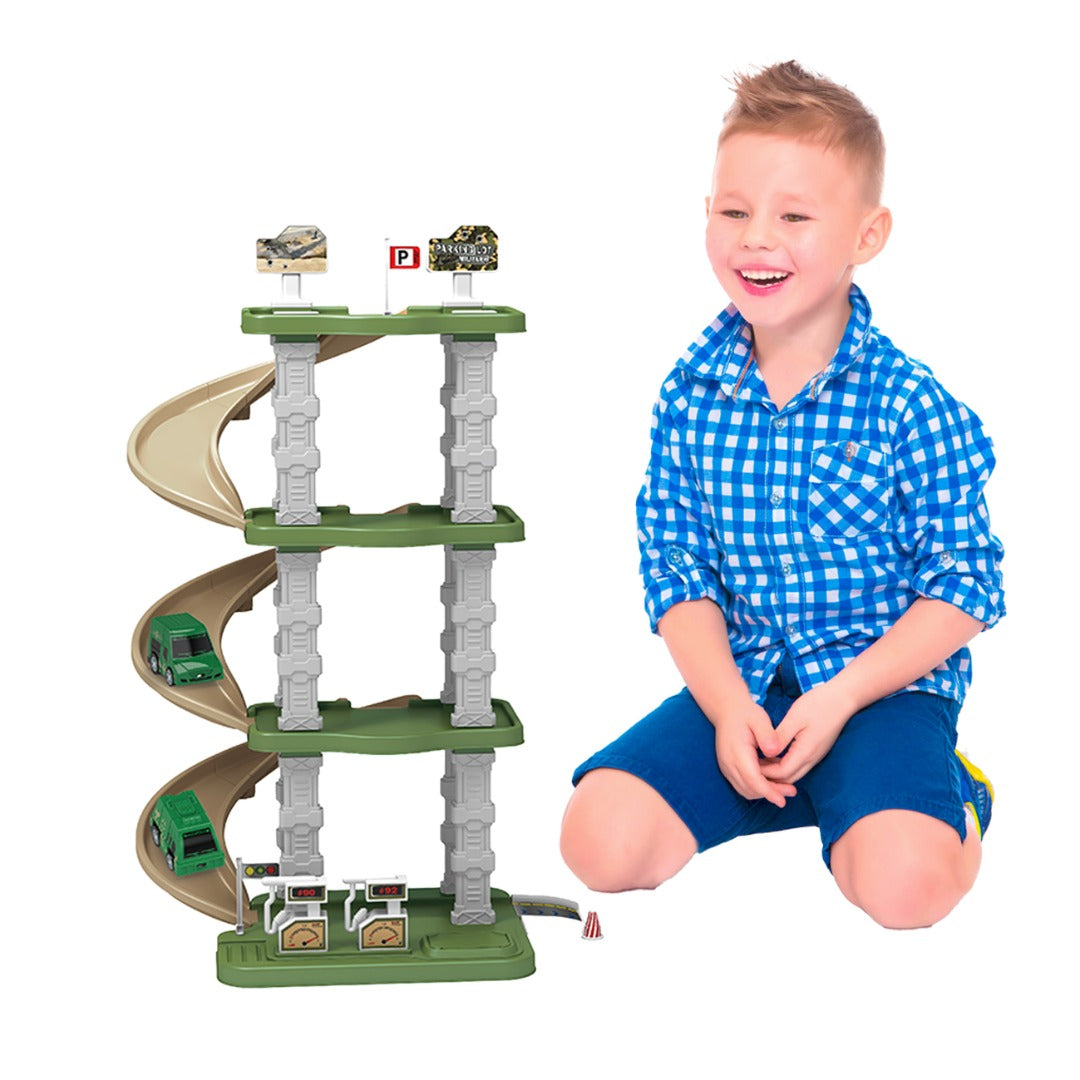 Military Truck Parking Lot Toy Set With 2 Sliding Engineering Vehicles (5 Carton Yellow, 5 Carpm Green). Christmas Toys Gifts For Kids | Birthday Gifts For Over 3 Years Old Boys | best Suited For Birthday And Return Gift