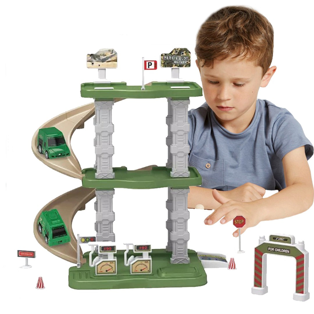 Military Truck Parking Lot Toy Set With 2 Sliding Engineering Vehicles (5 Carton Yellow, 5 Carpm Green). Christmas Toys Gifts For Kids | Birthday Gifts For Over 3 Years Old Boys | best Suited For Birthday And Return Gift