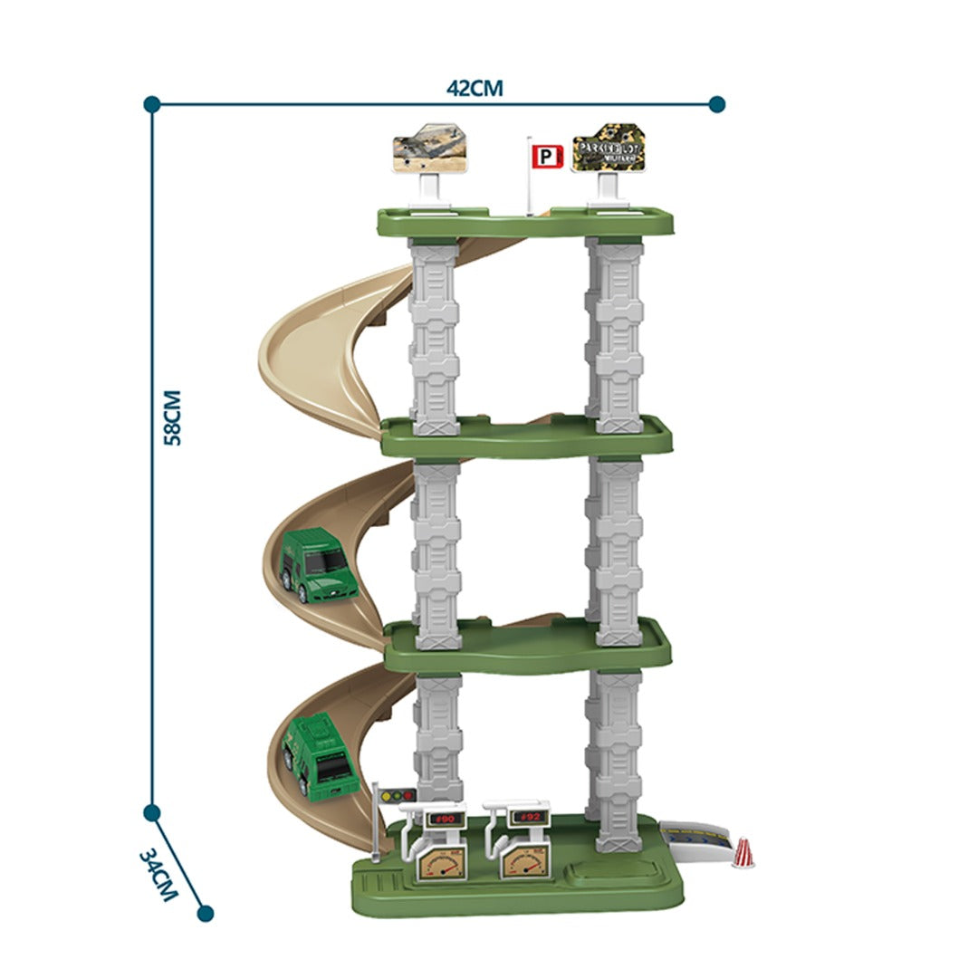 Military Truck Parking Lot Toy Set With 2 Sliding Engineering Vehicles (5 Carton Yellow, 5 Carpm Green). Christmas Toys Gifts For Kids | Birthday Gifts For Over 3 Years Old Boys | best Suited For Birthday And Return Gift